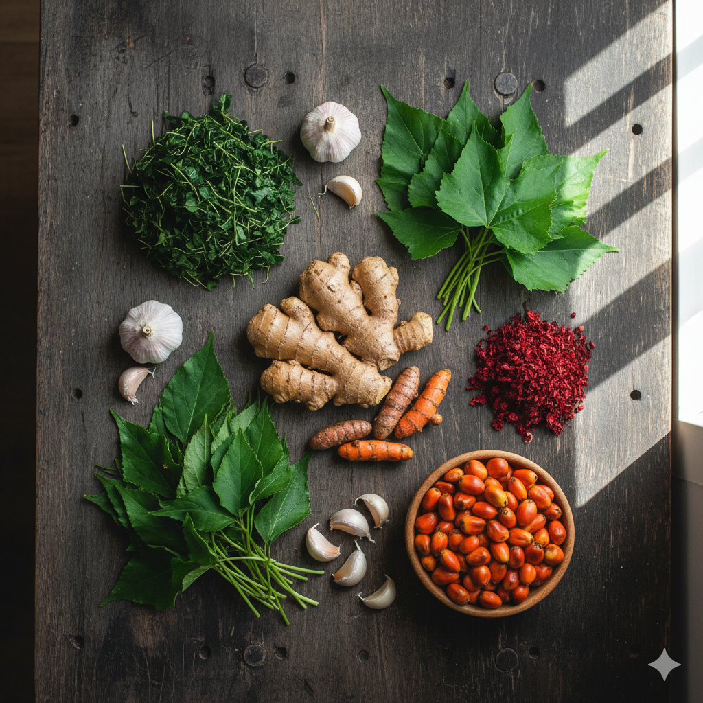 Fresh Nigerian herbs and ingredients