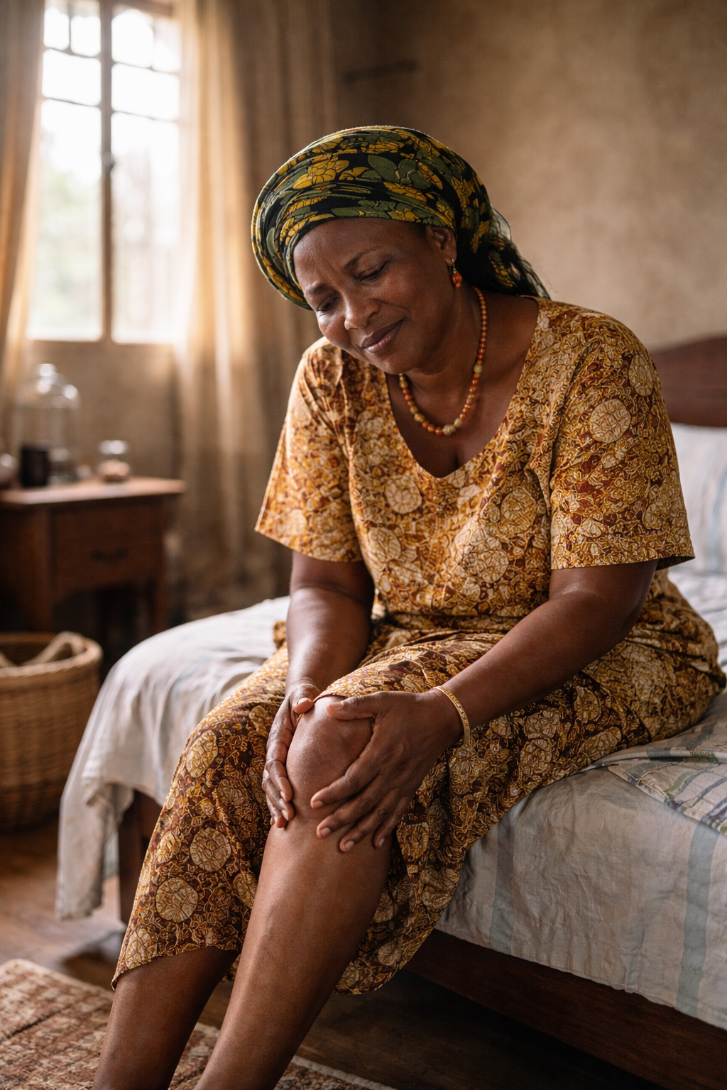 Nigerian woman holding her knee in pain in the morning